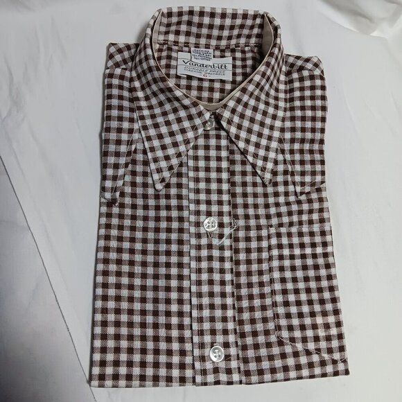 NOS NEW BOYS  Sz 6 True Vtg 70s VANDERBILT BROWN CHEKCER HIPPY MOD SHIRT USA - Picture 1 of 4